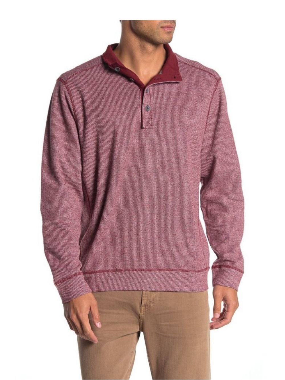 Tommy Bahama Men's Alki Wave Ribbed Long Sleeve Henley Pullover in Burgundy XL